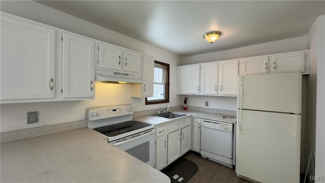 9860 Deerwood Dr, Coolbaugh Twp, PA 18466 - kitchen with white appliances, under cabinet range hood, white cabinetry, and light countertops