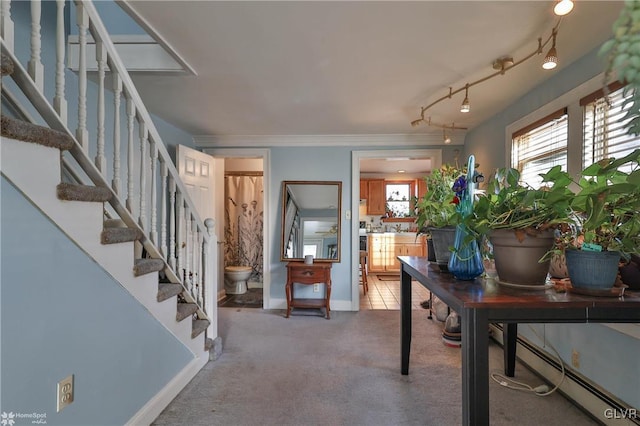 carpeted office space with crown molding and a baseboard radiator