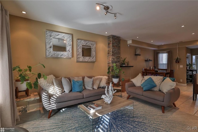 living room with light tile patterned flooring