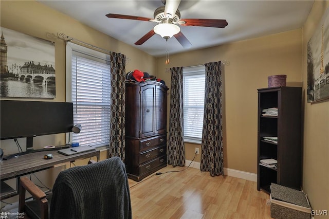 home office featuring ceiling fan and light hardwood / wood-style flooring