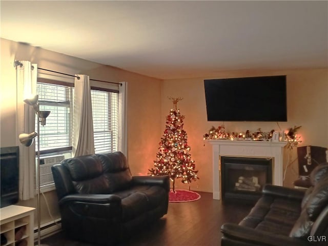 living room featuring dark wood-type flooring and a baseboard heating unit