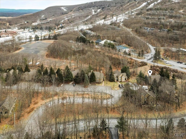 drone / aerial view featuring a mountain view