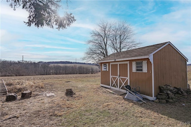 exterior space featuring a storage shed