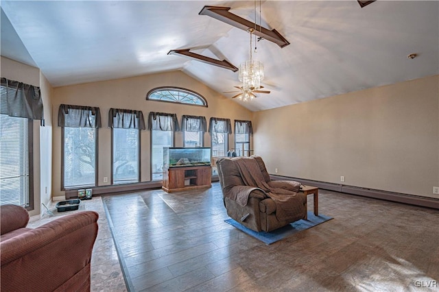 living room featuring ceiling fan, lofted ceiling with beams, wood-type flooring, and baseboard heating