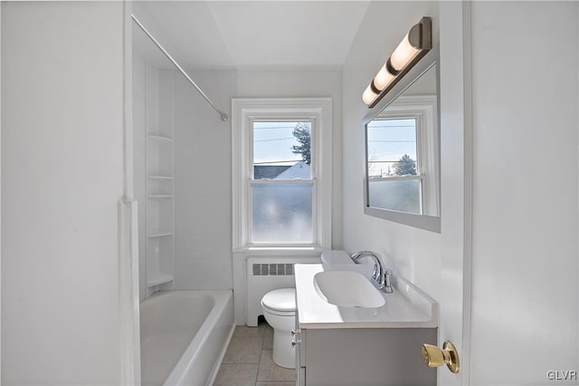 full bathroom with vanity, bathing tub / shower combination, tile patterned flooring, radiator heating unit, and toilet