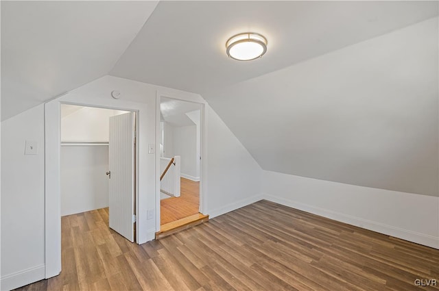 additional living space featuring wood-type flooring and vaulted ceiling