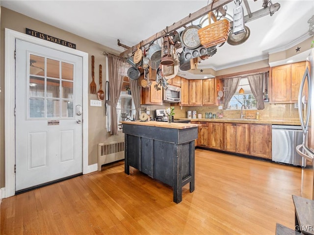 kitchen featuring sink, light wood-type flooring, radiator heating unit, and stainless steel appliances