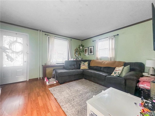 living room with wood-type flooring, crown molding, and a healthy amount of sunlight