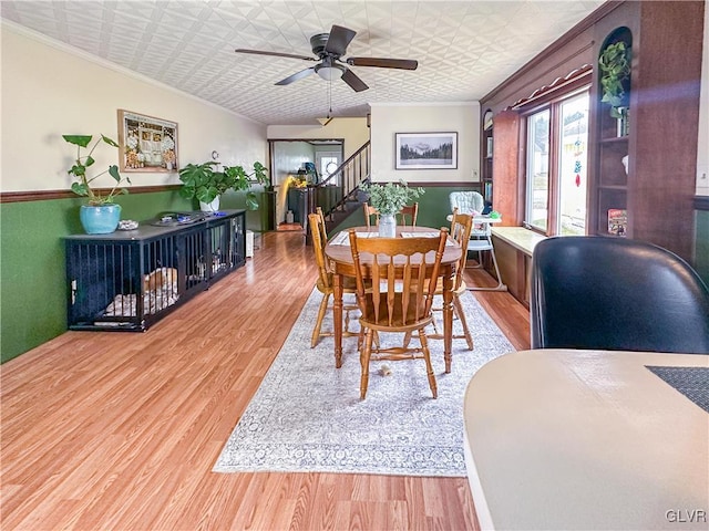 dining area featuring ceiling fan, light hardwood / wood-style floors, and ornamental molding