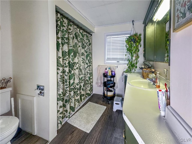 bathroom featuring toilet, vanity, ornamental molding, and hardwood / wood-style flooring