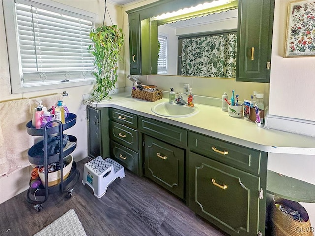 bathroom with vanity and hardwood / wood-style flooring