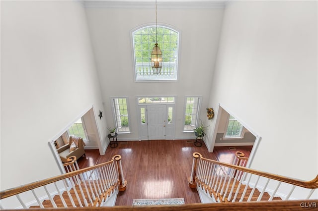 foyer entrance with dark hardwood / wood-style flooring, a towering ceiling, and an inviting chandelier