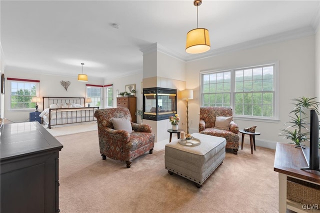 living room featuring ornamental molding and light carpet