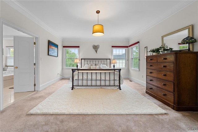 carpeted bedroom with ensuite bathroom and ornamental molding