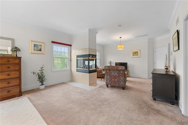 living area featuring light colored carpet and crown molding