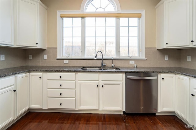 kitchen with tasteful backsplash, white cabinetry, dishwasher, and sink