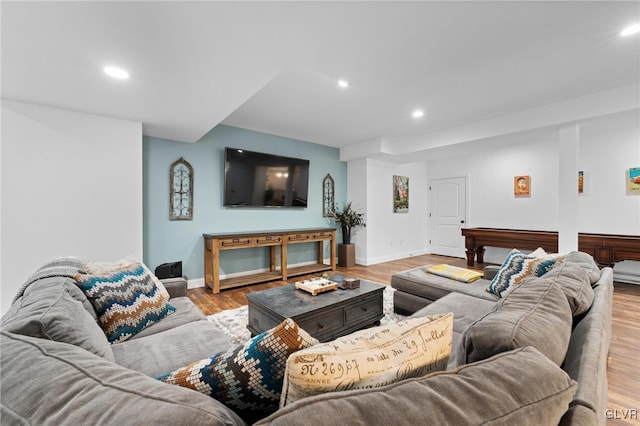 living room featuring light hardwood / wood-style flooring and pool table