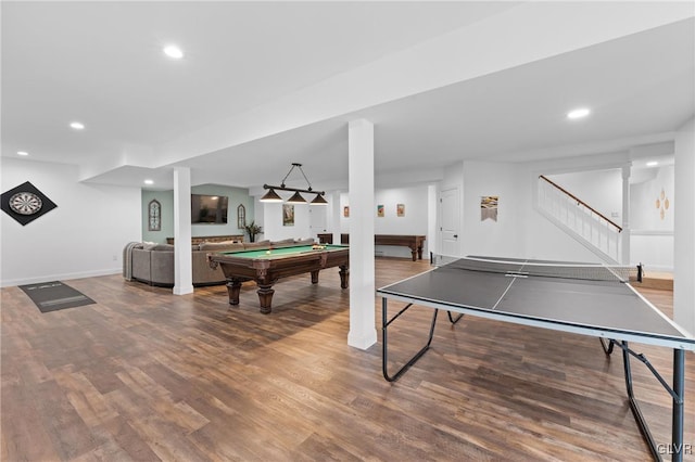 game room with wood-type flooring and pool table