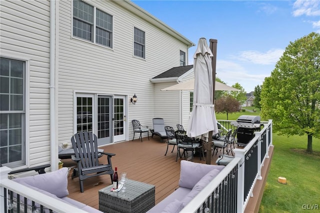 deck with outdoor lounge area, a lawn, and a grill