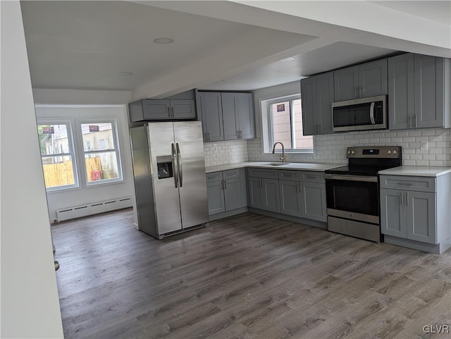 kitchen featuring stainless steel appliances, a baseboard radiator, gray cabinetry, and sink