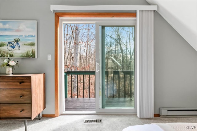 doorway to outside with vaulted ceiling, light colored carpet, and a baseboard radiator