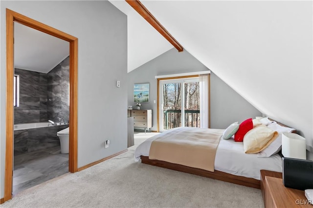 carpeted bedroom with lofted ceiling with beams, access to exterior, and ensuite bath