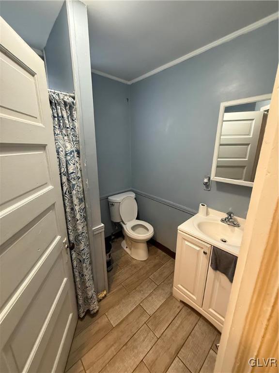 bathroom with crown molding, vanity, and toilet