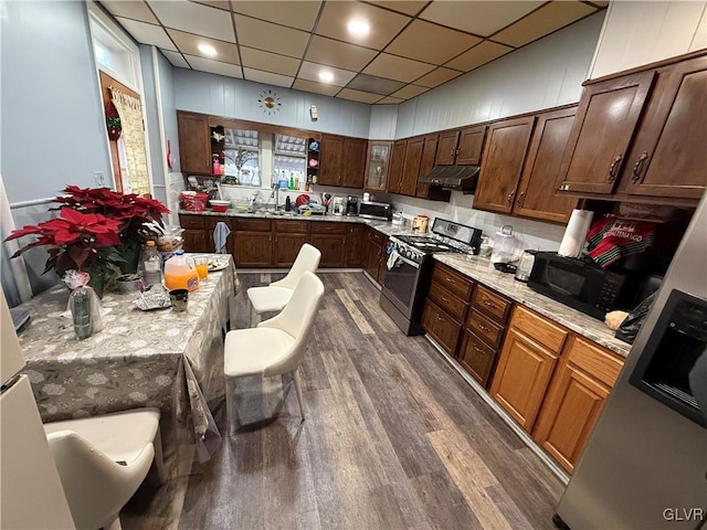 kitchen featuring light stone counters, stainless steel gas stove, dark hardwood / wood-style floors, and sink