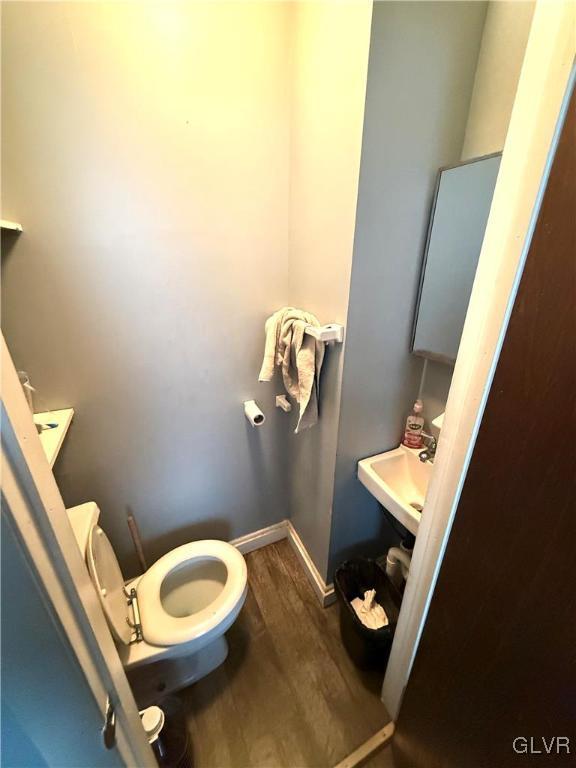 bathroom with hardwood / wood-style floors, toilet, and sink