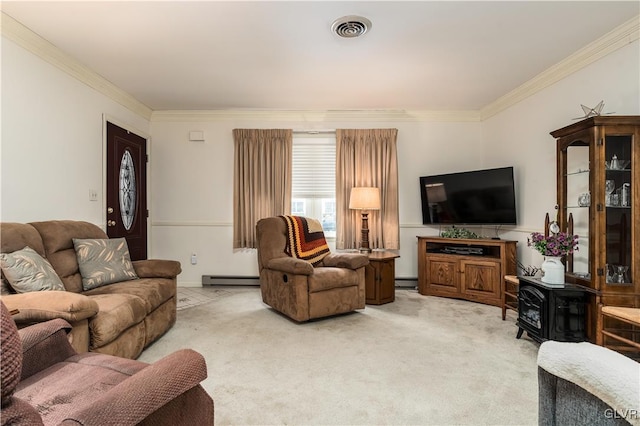 carpeted living room with a baseboard heating unit and ornamental molding