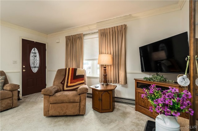 living room featuring light carpet, baseboard heating, and ornamental molding