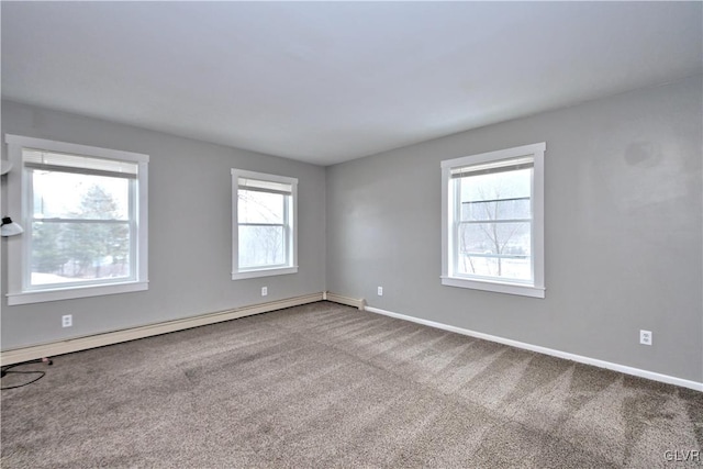 unfurnished room featuring carpet and baseboard heating