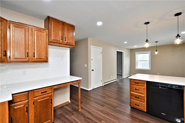 kitchen featuring baseboard heating, decorative light fixtures, dark wood-type flooring, black dishwasher, and tasteful backsplash