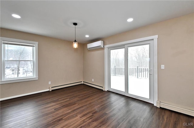 interior space with dark hardwood / wood-style floors, an AC wall unit, and a baseboard radiator