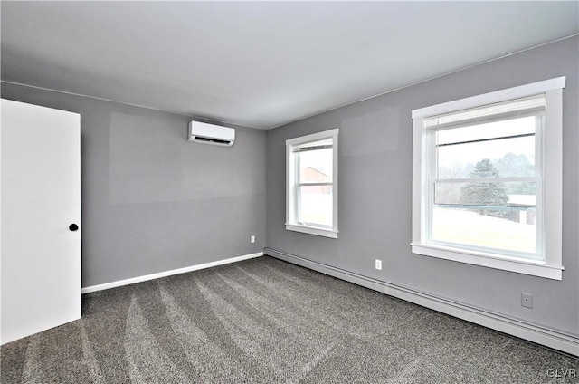 unfurnished room featuring dark colored carpet, an AC wall unit, and a baseboard radiator