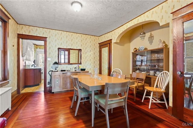 dining area featuring radiator heating unit and dark wood-type flooring