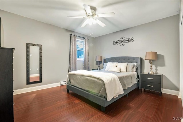 bedroom with ceiling fan, a baseboard radiator, and dark wood-type flooring