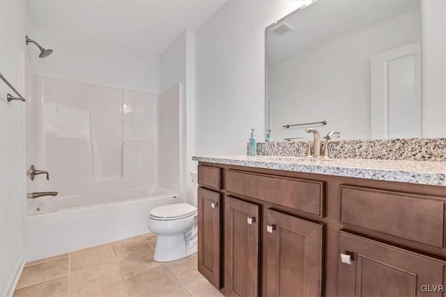 full bathroom with shower / bathtub combination, vanity, and toilet