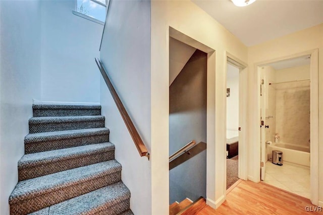 staircase with hardwood / wood-style flooring