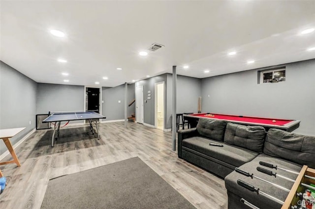 game room featuring pool table and light wood-type flooring