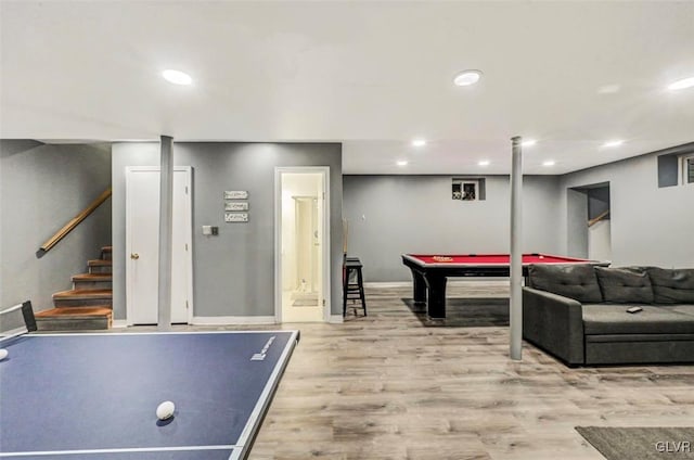 rec room featuring pool table and light hardwood / wood-style flooring