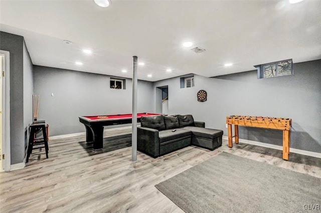 recreation room featuring pool table and light hardwood / wood-style flooring