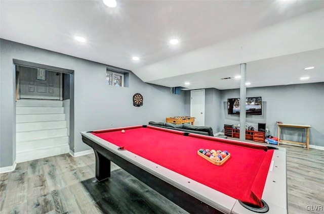 game room with hardwood / wood-style floors, billiards, and lofted ceiling