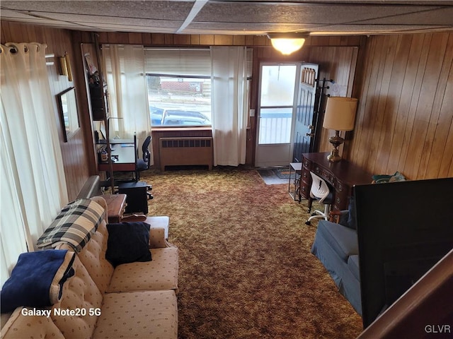 carpeted living room featuring radiator and wood walls