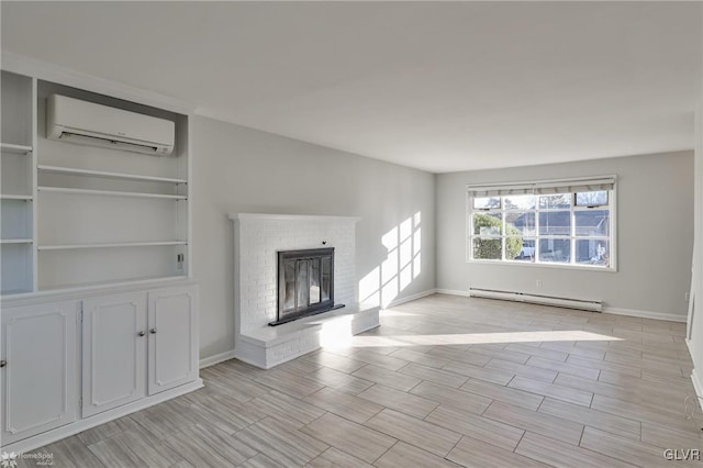 unfurnished living room with an AC wall unit, a brick fireplace, and baseboard heating