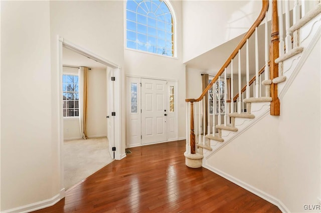 foyer featuring a towering ceiling and wood-type flooring