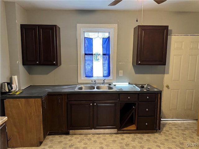 kitchen featuring ceiling fan, dark brown cabinets, and sink