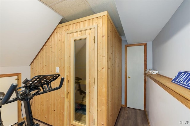 workout room featuring lofted ceiling, wooden walls, and dark hardwood / wood-style floors