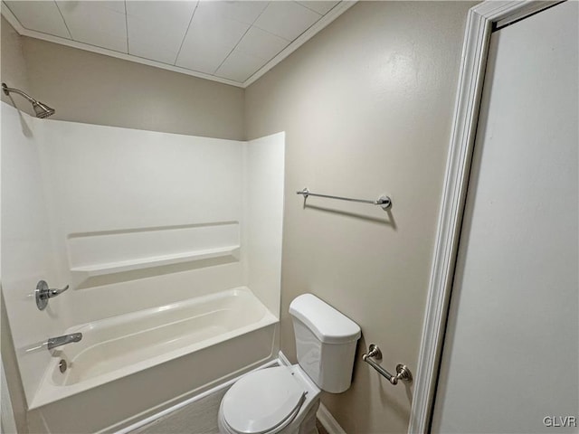 bathroom with shower / tub combination, crown molding, and toilet