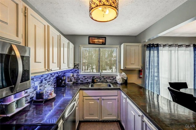 kitchen featuring sink, a textured ceiling, stainless steel appliances, and tasteful backsplash